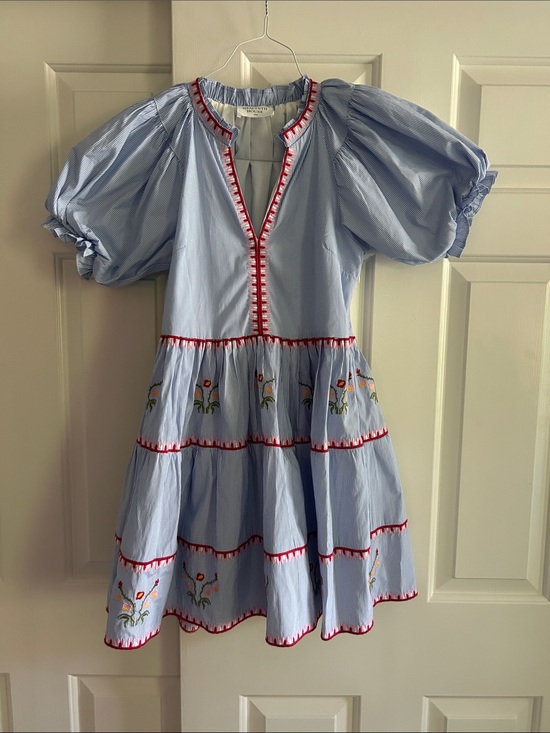 Hyacinth House Dresses & Skirts - Hyacinth House Blue Embroidered Tiered Dress with Red Trim